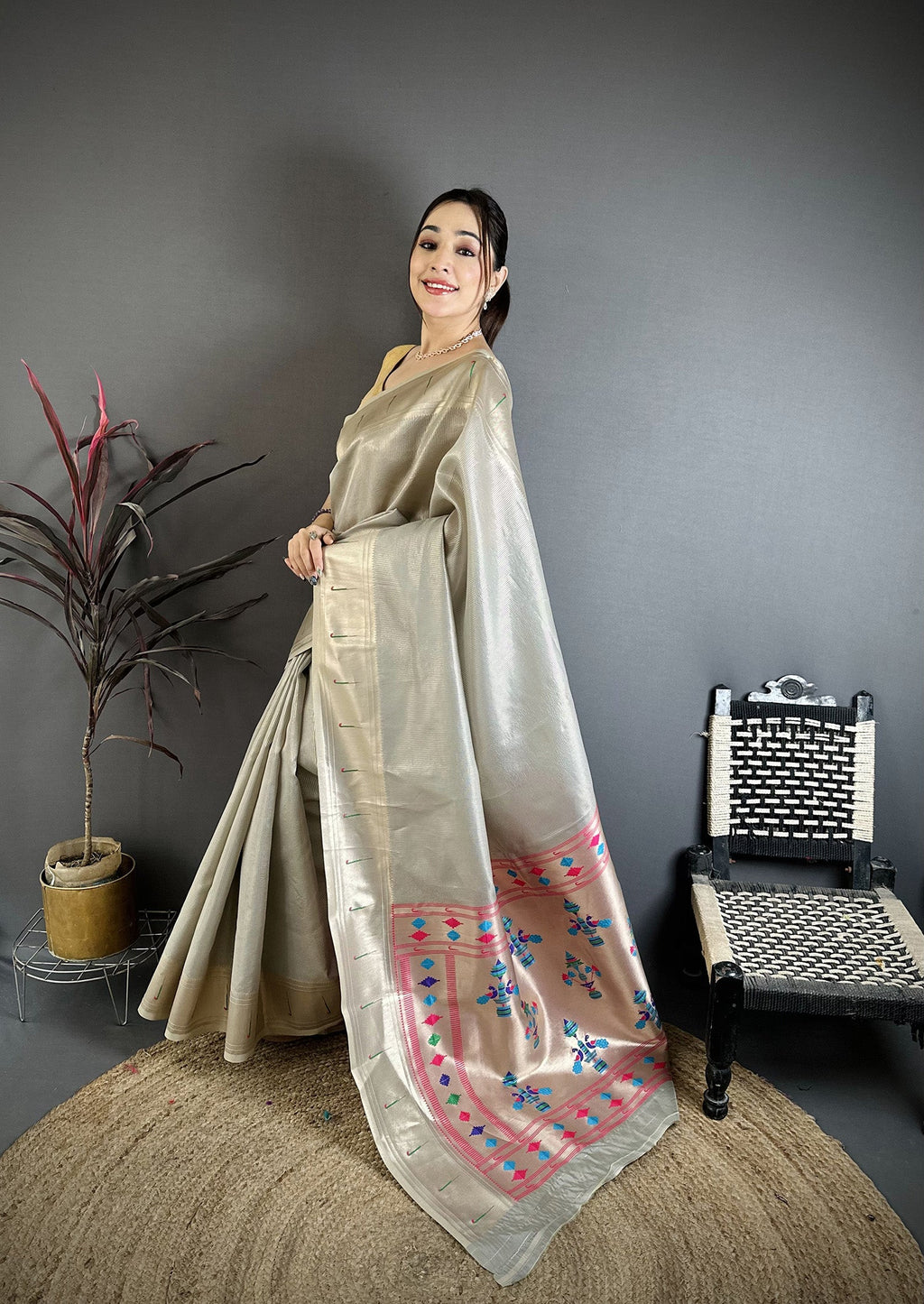Elora Grey Tissue Solid Zari Weaving Paithani Saree With Muniya Border | Grocsy
