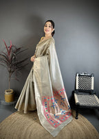 Elora Grey Tissue Solid Zari Weaving Paithani Saree With Muniya Border | Grocsy