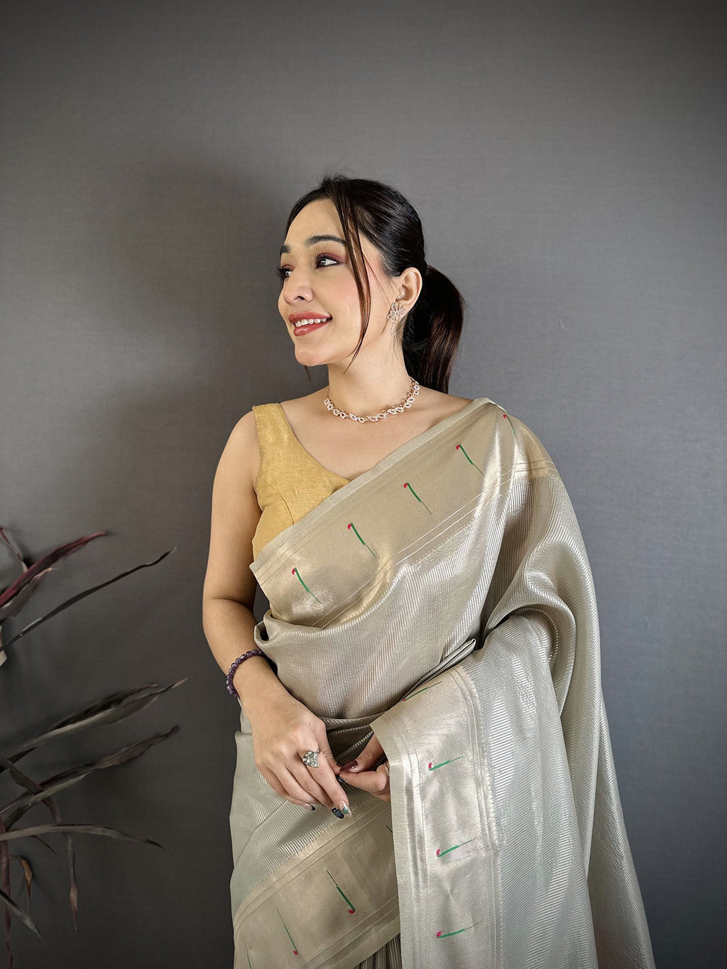 Elora Grey Tissue Solid Zari Weaving Paithani Saree With Muniya Border | Grocsy