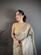 Elora Grey Tissue Solid Zari Weaving Paithani Saree With Muniya Border | Grocsy