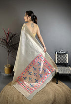 Elora Grey Tissue Solid Zari Weaving Paithani Saree With Muniya Border | Grocsy