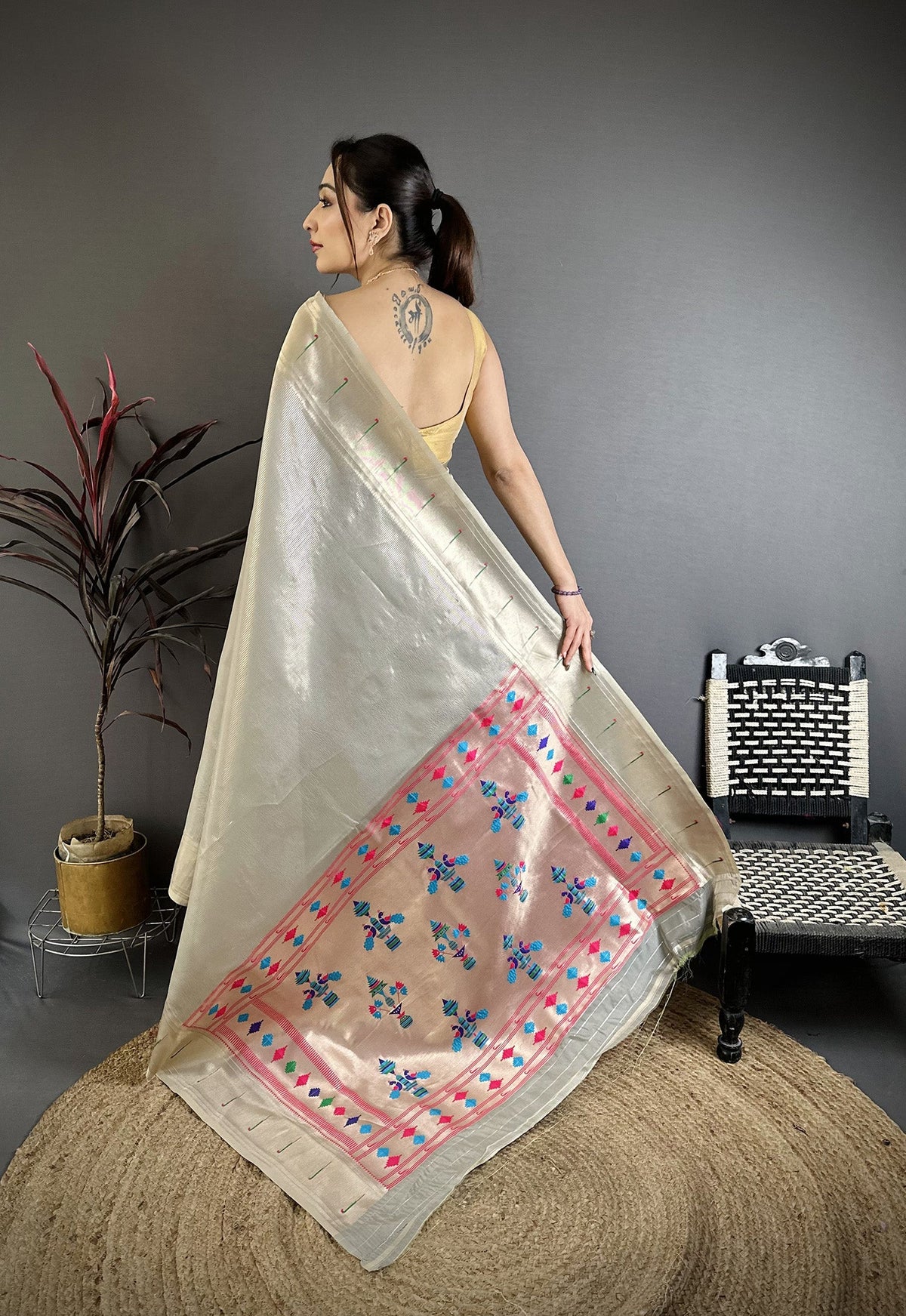 Elora Grey Tissue Solid Zari Weaving Paithani Saree With Muniya Border | Grocsy