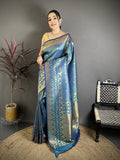 Elora Blue Banarasi Soft Silk Checked Body With Floral Motifs South Pattu Saree | Grocsy