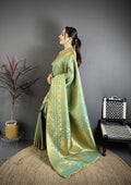 Elora Pista Green Banarasi Soft Silk Checked Body With Floral Motifs South Pattu Saree | Grocsy
