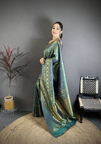 Elora Rama Green Banarasi Soft Silk Checked Body With Floral Motifs South Pattu Saree | Grocsy