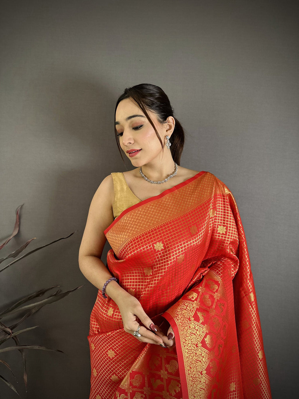Elora Red Banarasi Soft Silk Checked Body With Floral Motifs South Pattu Saree | Grocsy