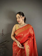 Elora Red Banarasi Soft Silk Checked Body With Floral Motifs South Pattu Saree | Grocsy