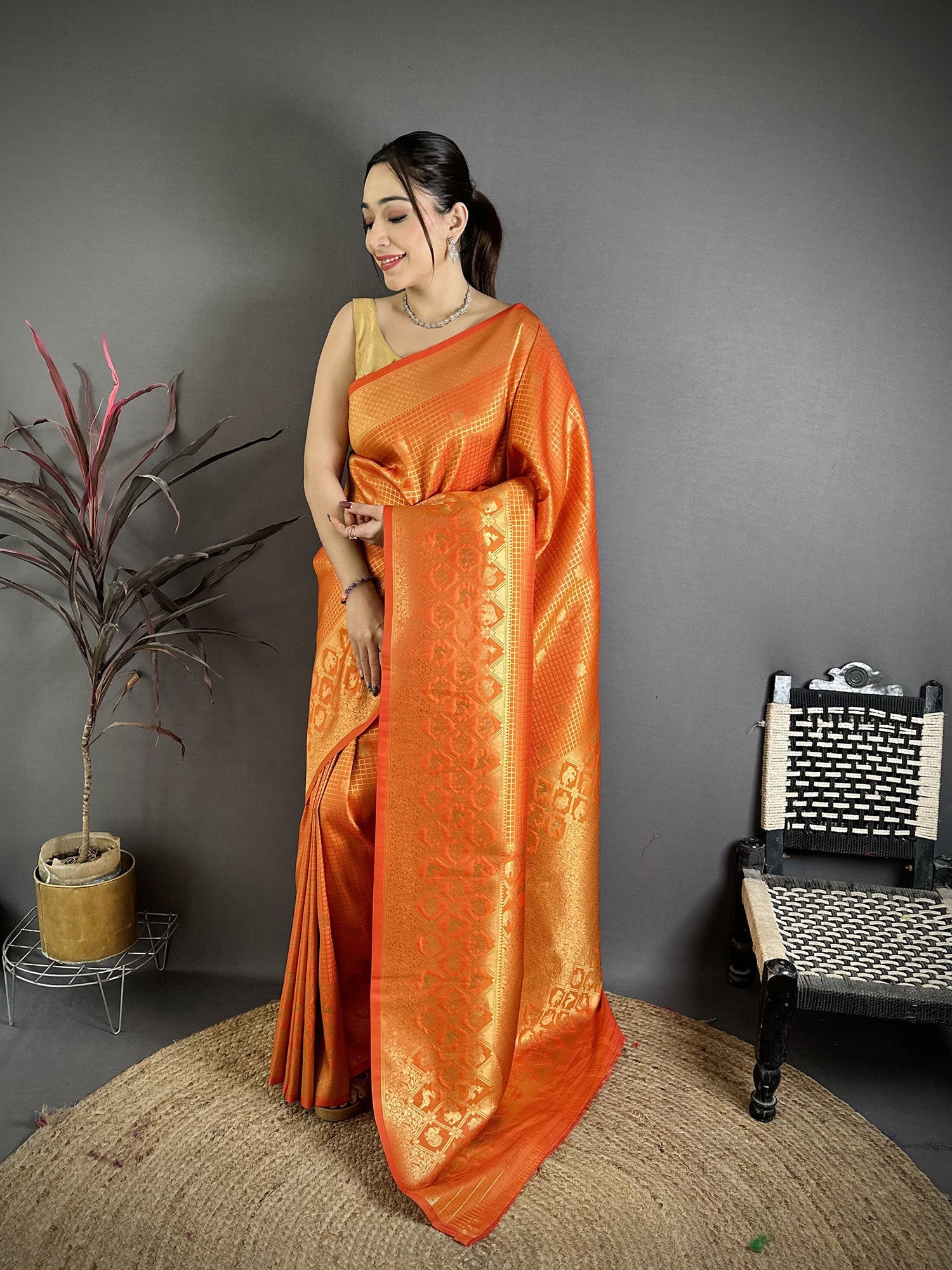 Elora Orange Banarasi Soft Silk Checked Body With Floral Motifs South Pattu Saree | Grocsy
