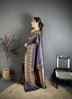 Elora Navy Blue Banarasi Soft Silk Checked Body With Floral Motifs South Pattu Saree | Grocsy
