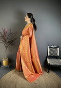 Elora Peach Banarasi Soft Silk Checked Body With Floral Motifs South Pattu Saree | Grocsy