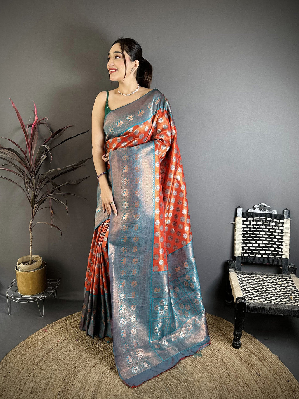 Elora Orange Tissue Silk Floral Pattern With Copper Motifs Banarasi Saree | Grocsy