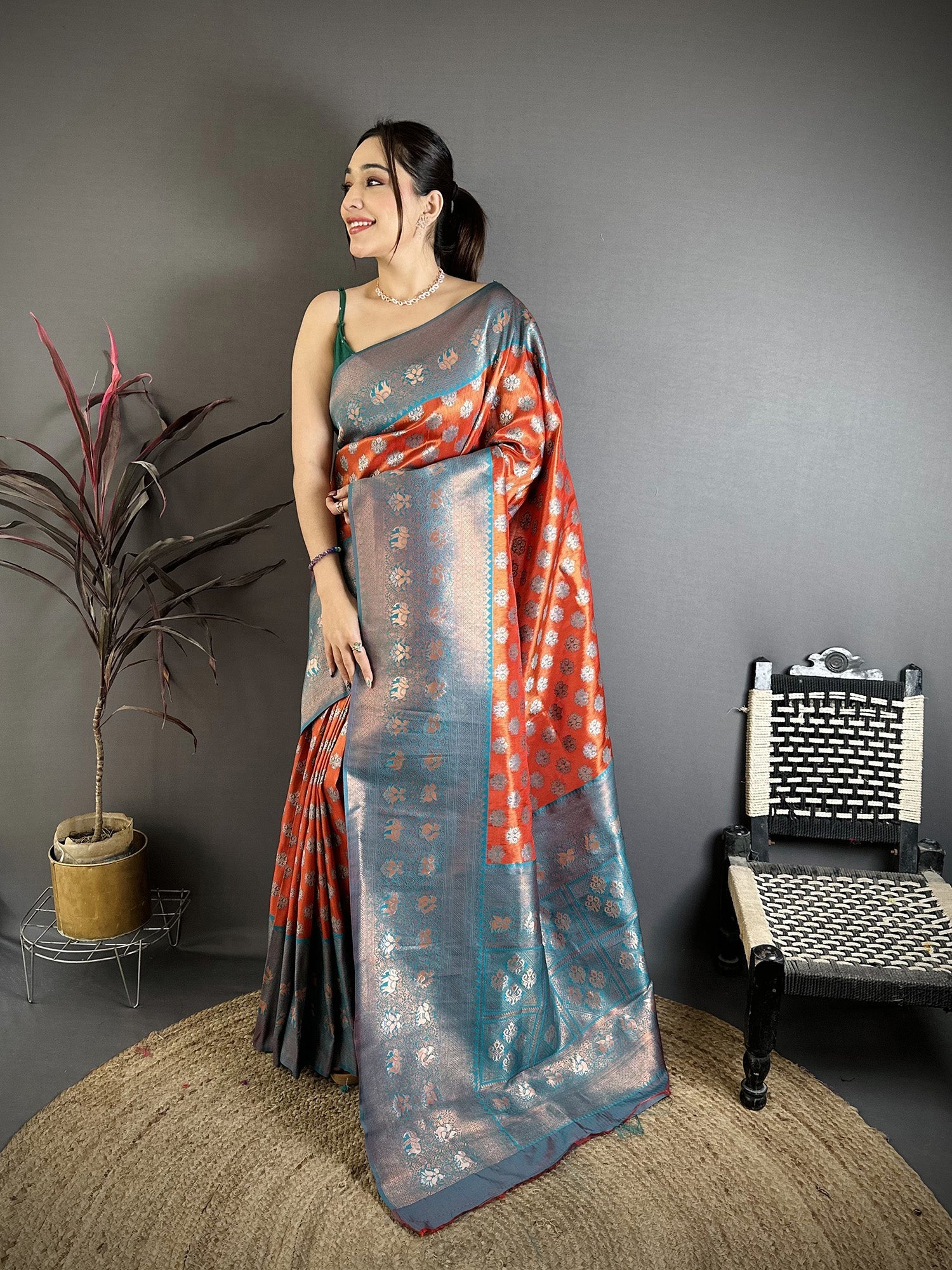 Elora Orange Tissue Silk Floral Pattern With Copper Motifs Banarasi Saree | Grocsy