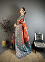 Elora Orange Tissue Silk Floral Pattern With Copper Motifs Banarasi Saree | Grocsy