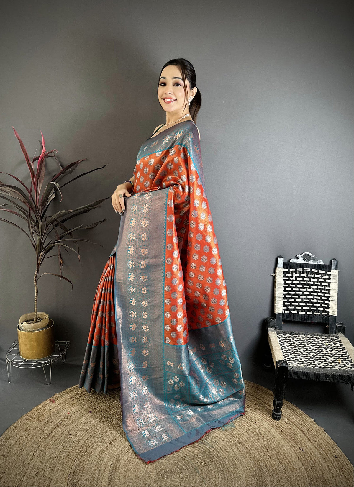 Elora Orange Tissue Silk Floral Pattern With Copper Motifs Banarasi Saree | Grocsy