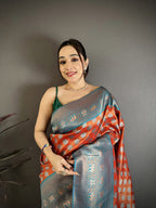 Elora Orange Tissue Silk Floral Pattern With Copper Motifs Banarasi Saree | Grocsy