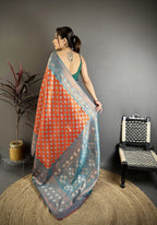 Elora Orange Tissue Silk Floral Pattern With Copper Motifs Banarasi Saree | Grocsy