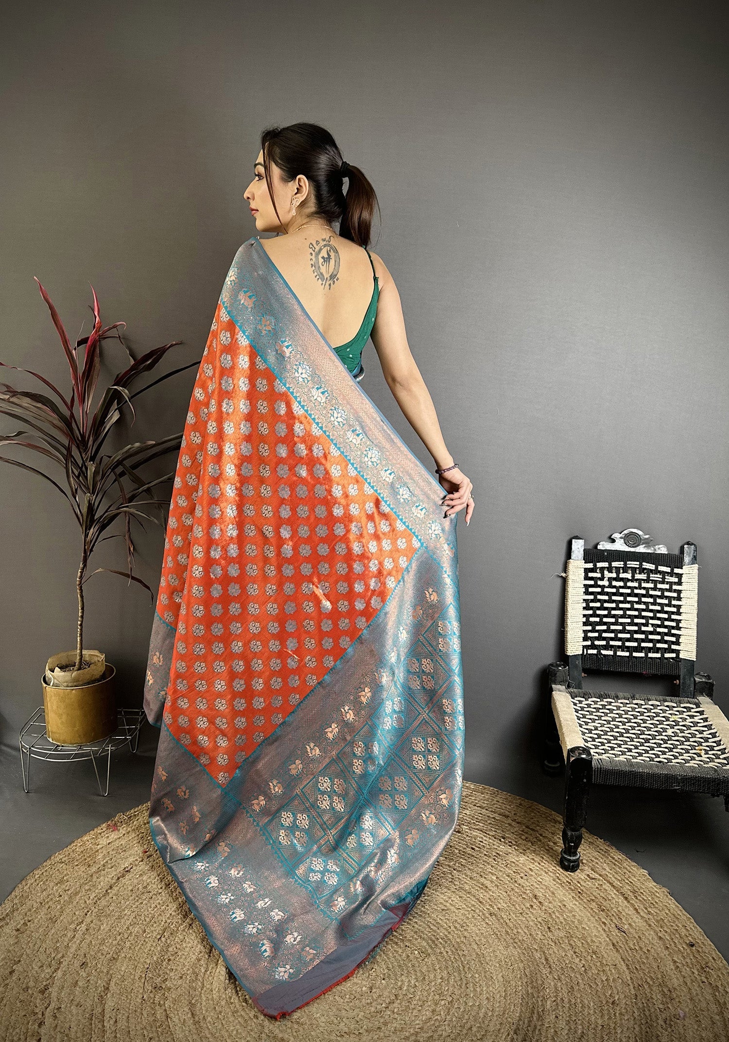 Elora Orange Tissue Silk Floral Pattern With Copper Motifs Banarasi Saree | Grocsy