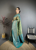 Elora Teal Green Tissue Silk Floral Pattern With Copper Motifs Banarasi Saree | Grocsy