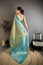 Elora Teal Green Tissue Silk Floral Pattern With Copper Motifs Banarasi Saree | Grocsy