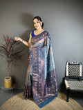 Elora Blue Tissue Silk Floral Pattern With Copper Motifs Banarasi Saree | Grocsy