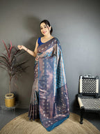 Elora Blue Tissue Silk Floral Pattern With Copper Motifs Banarasi Saree | Grocsy