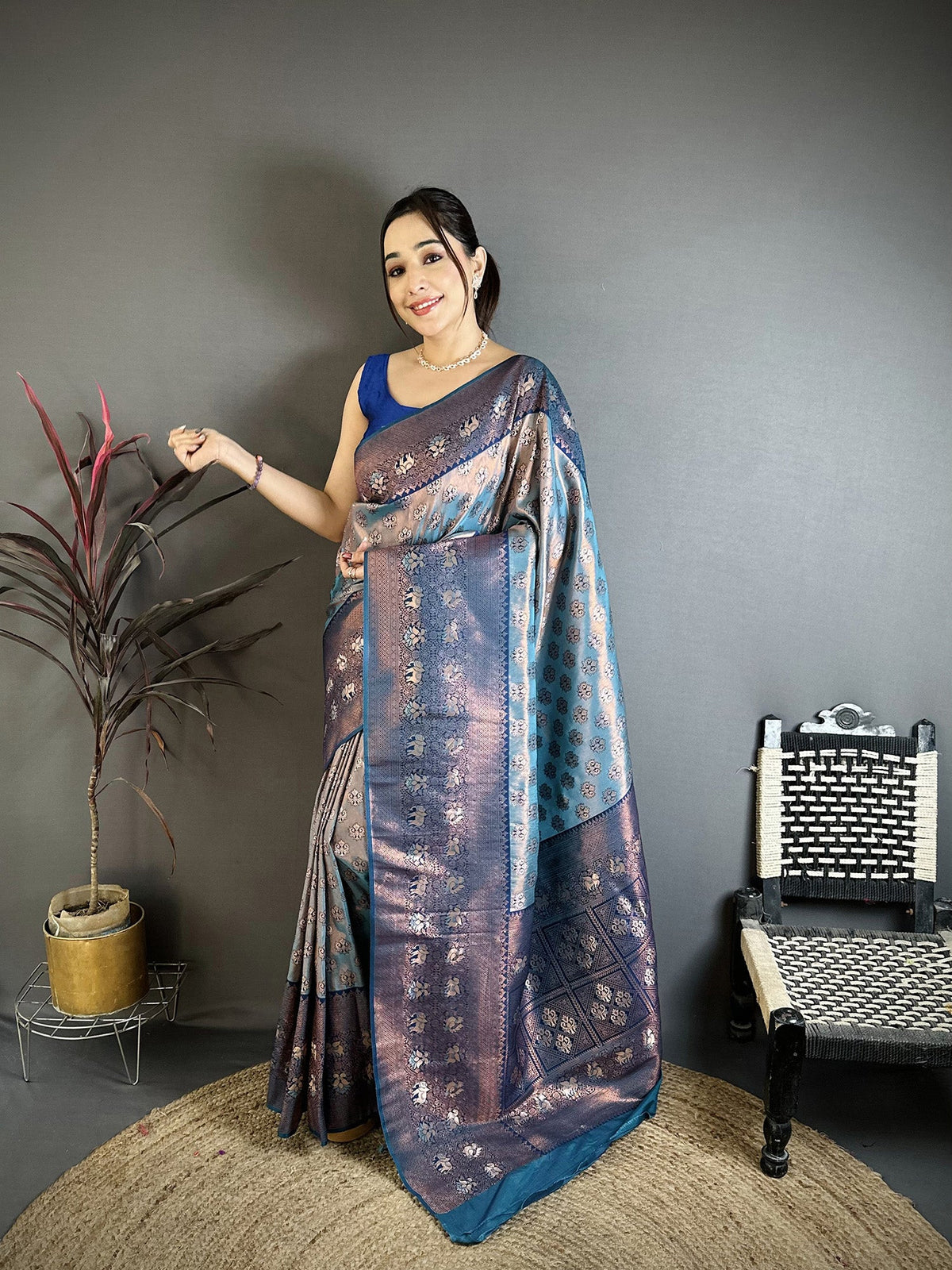 Elora Blue Tissue Silk Floral Pattern With Copper Motifs Banarasi Saree | Grocsy