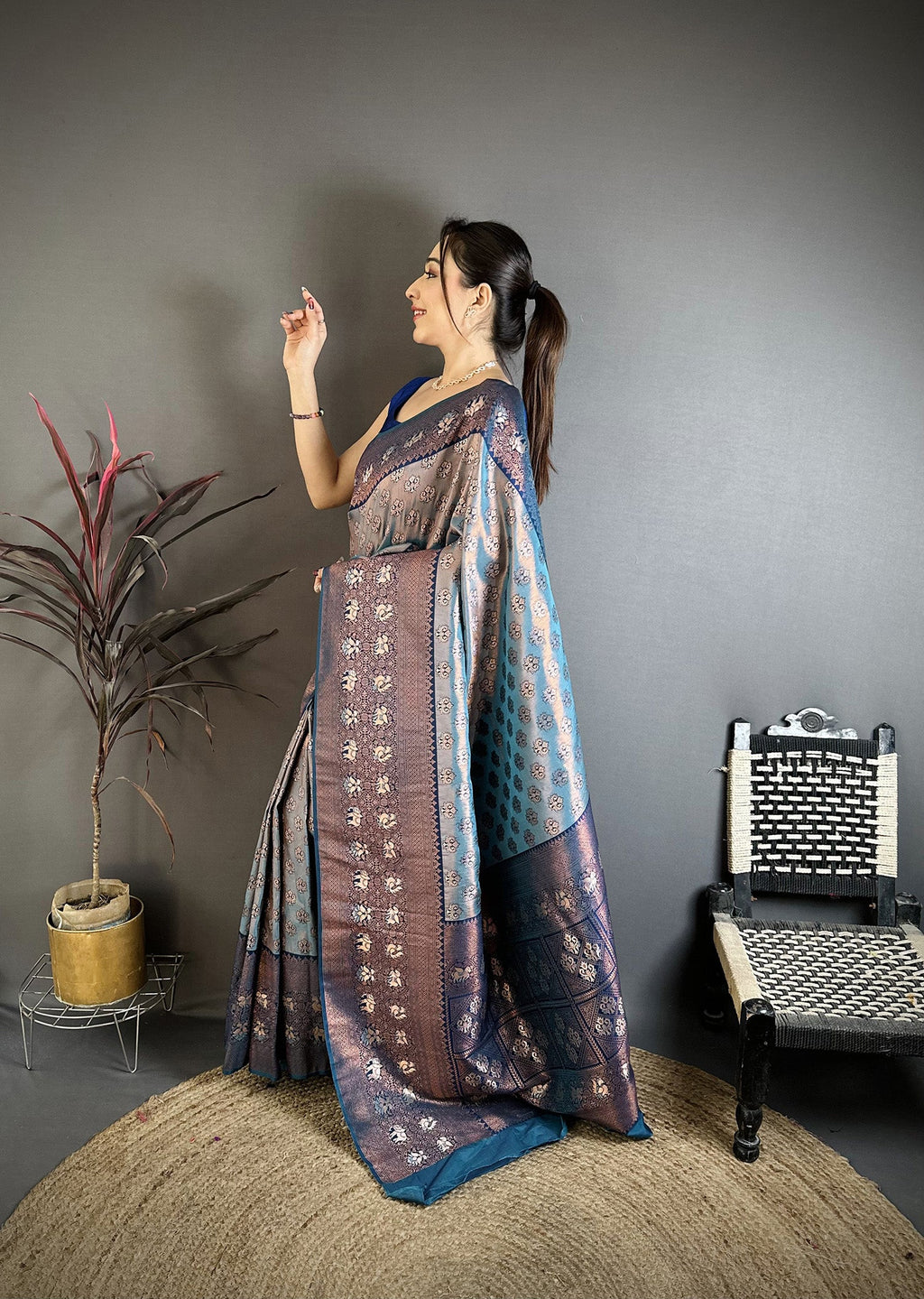 Elora Blue Tissue Silk Floral Pattern With Copper Motifs Banarasi Saree | Grocsy