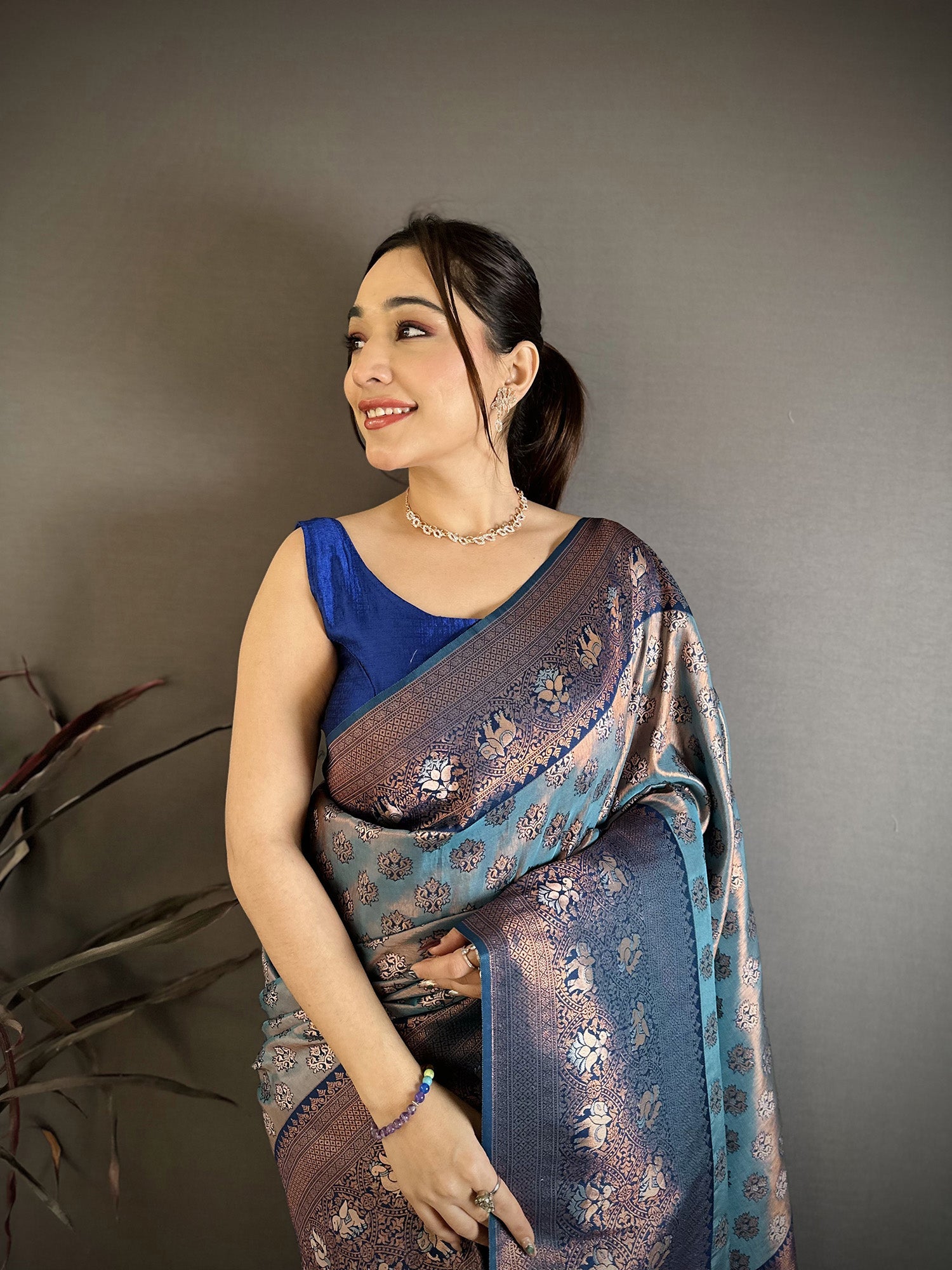 Elora Blue Tissue Silk Floral Pattern With Copper Motifs Banarasi Saree | Grocsy