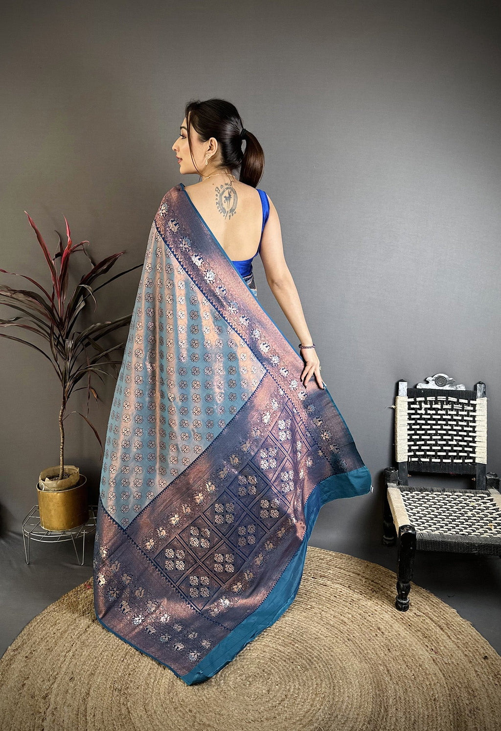 Elora Blue Tissue Silk Floral Pattern With Copper Motifs Banarasi Saree | Grocsy