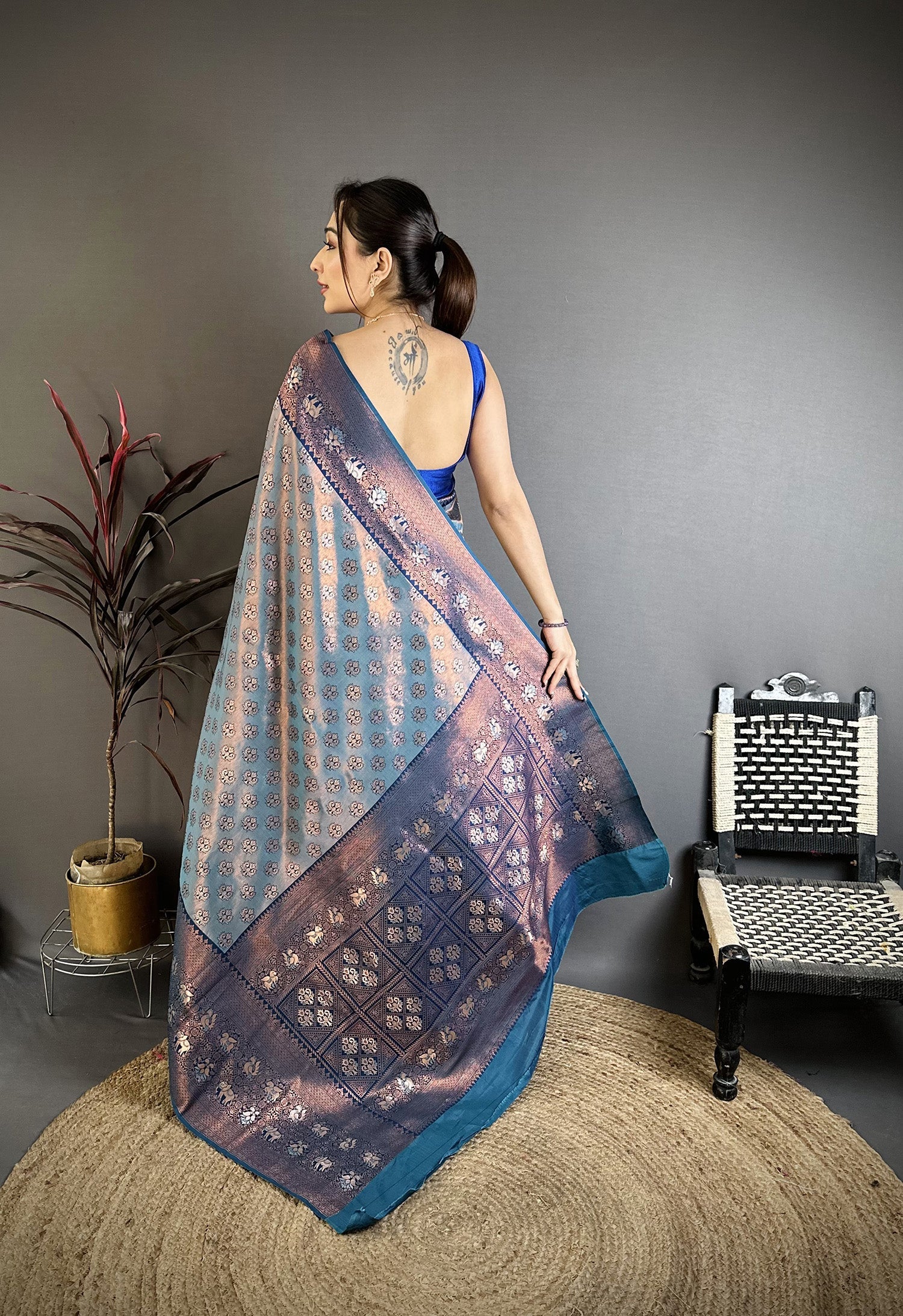Elora Blue Tissue Silk Floral Pattern With Copper Motifs Banarasi Saree | Grocsy