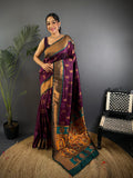 Elora Wine Soft Silk Nath Meenakari Zari Work Paithani Saree | Grocsy