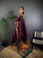 Elora Wine Soft Silk Nath Meenakari Zari Work Paithani Saree | Grocsy