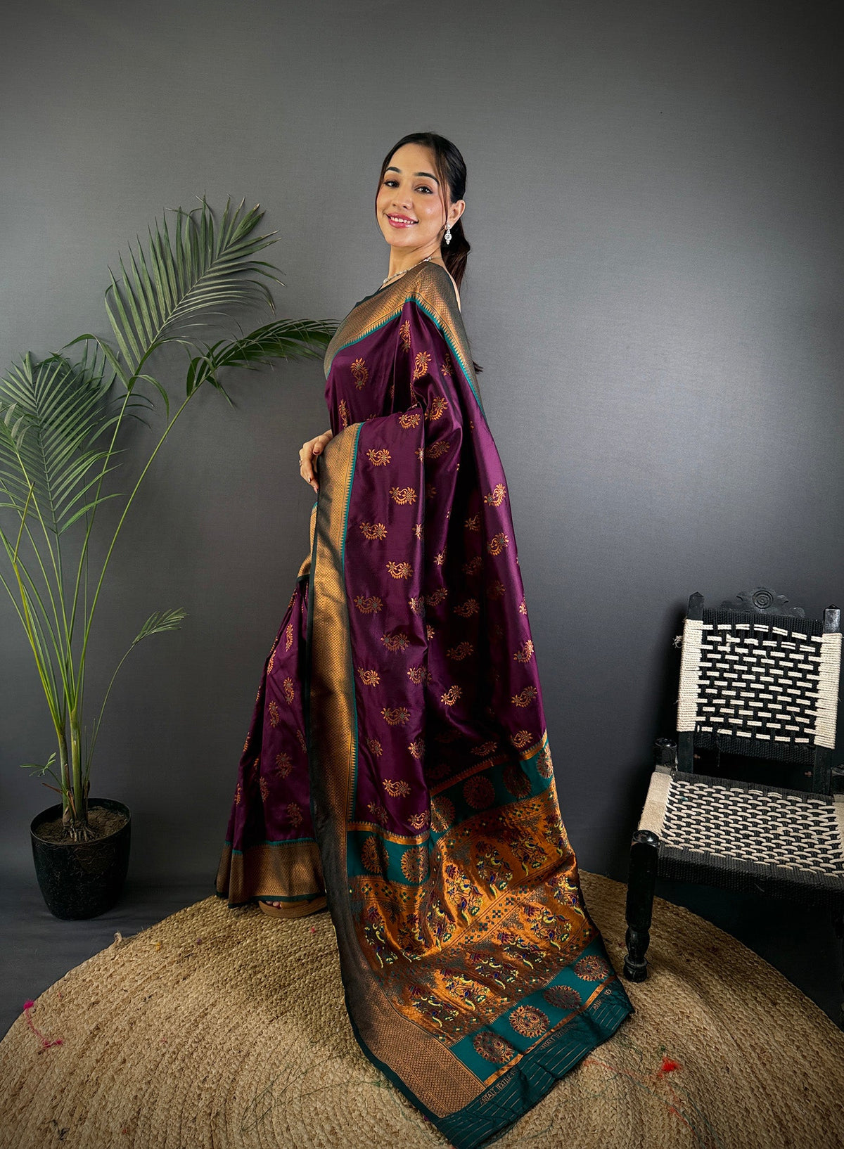 Elora Wine Soft Silk Nath Meenakari Zari Work Paithani Saree | Grocsy