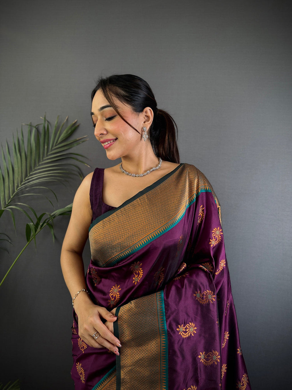 Elora Wine Soft Silk Nath Meenakari Zari Work Paithani Saree | Grocsy