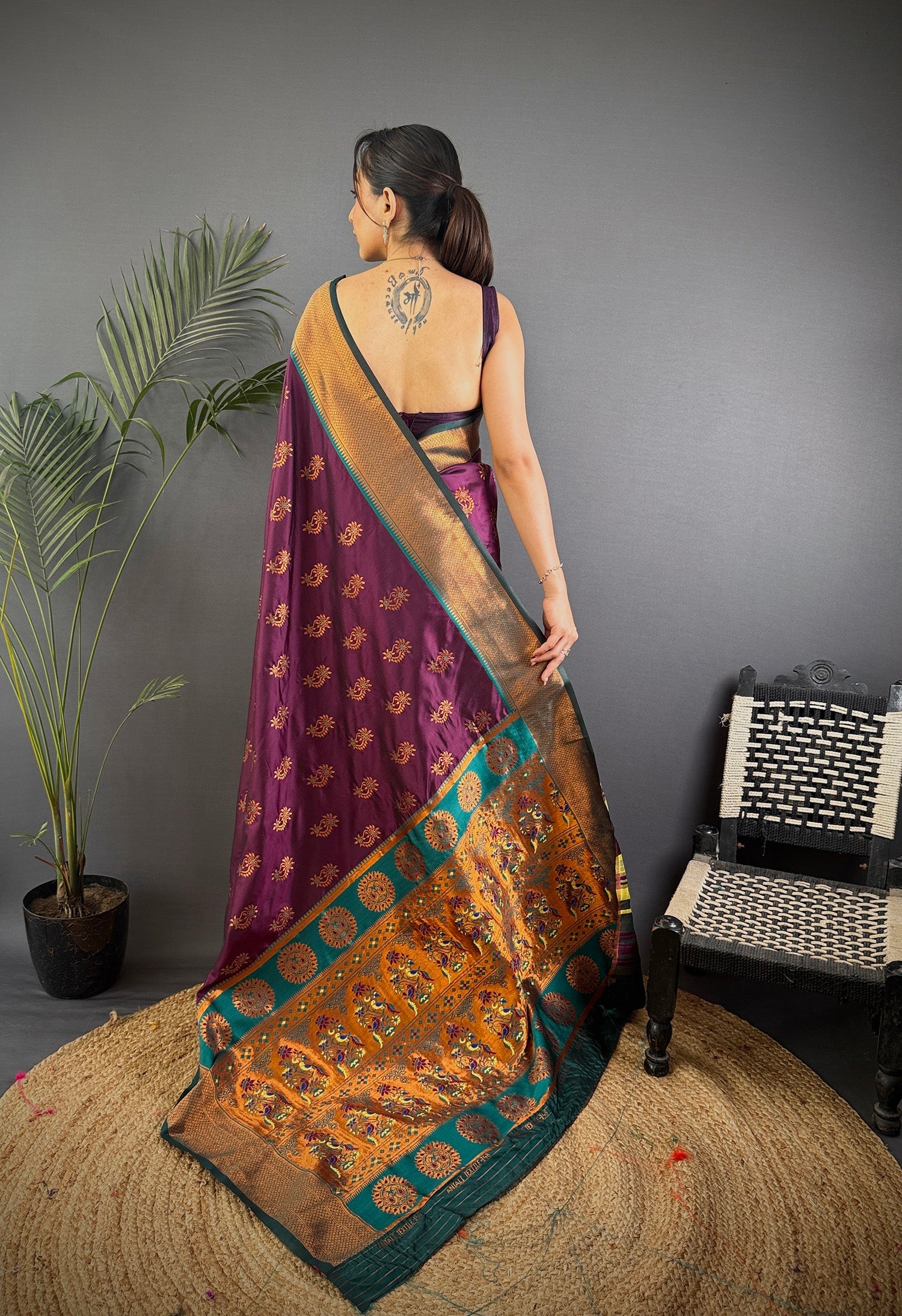 Elora Wine Soft Silk Nath Meenakari Zari Work Paithani Saree | Grocsy