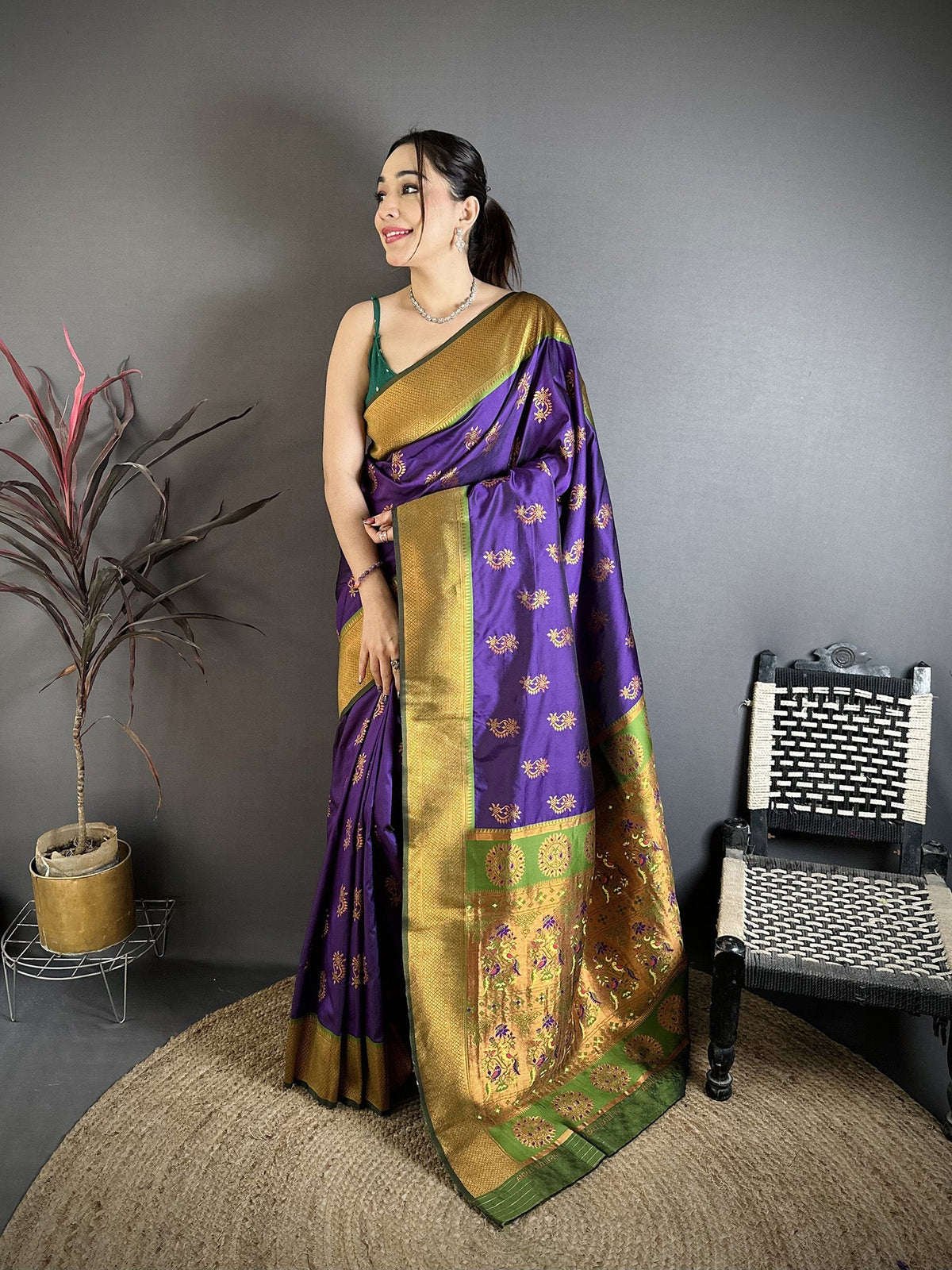 Elora Purple Soft Silk Nath Meenakari Zari Work Paithani Saree | Grocsy