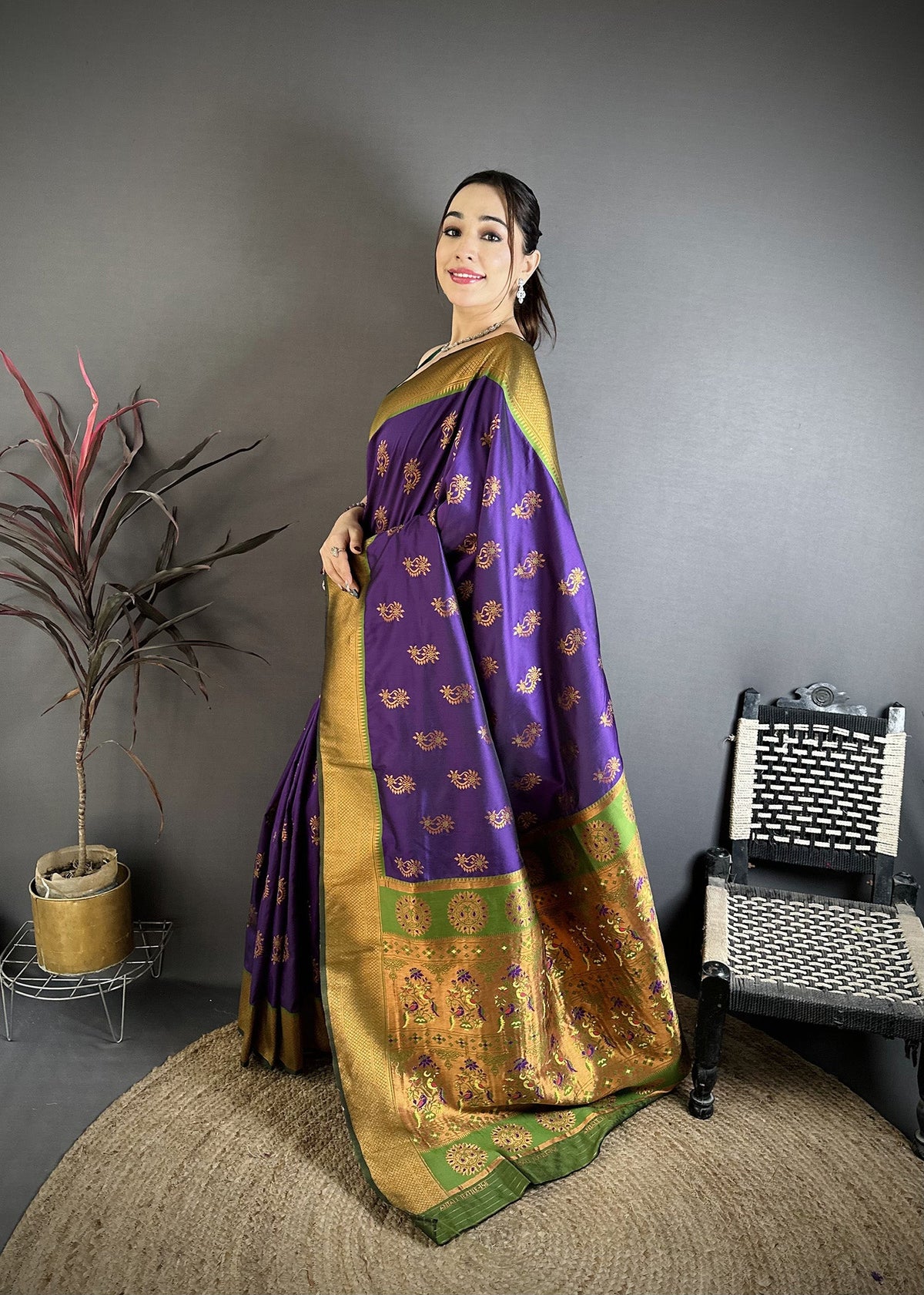 Elora Purple Soft Silk Nath Meenakari Zari Work Paithani Saree | Grocsy