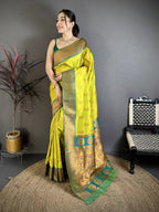 Elora Lime Green Soft Silk Nath Meenakari Zari Work Paithani Saree | Grocsy