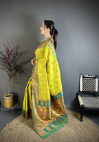Elora Lime Green Soft Silk Nath Meenakari Zari Work Paithani Saree | Grocsy