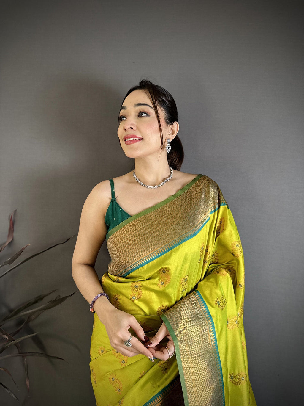 Elora Lime Green Soft Silk Nath Meenakari Zari Work Paithani Saree | Grocsy