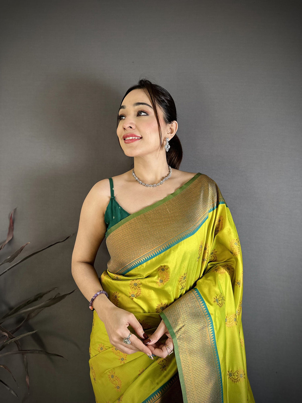 Elora Lime Green Soft Silk Nath Meenakari Zari Work Paithani Saree | Grocsy