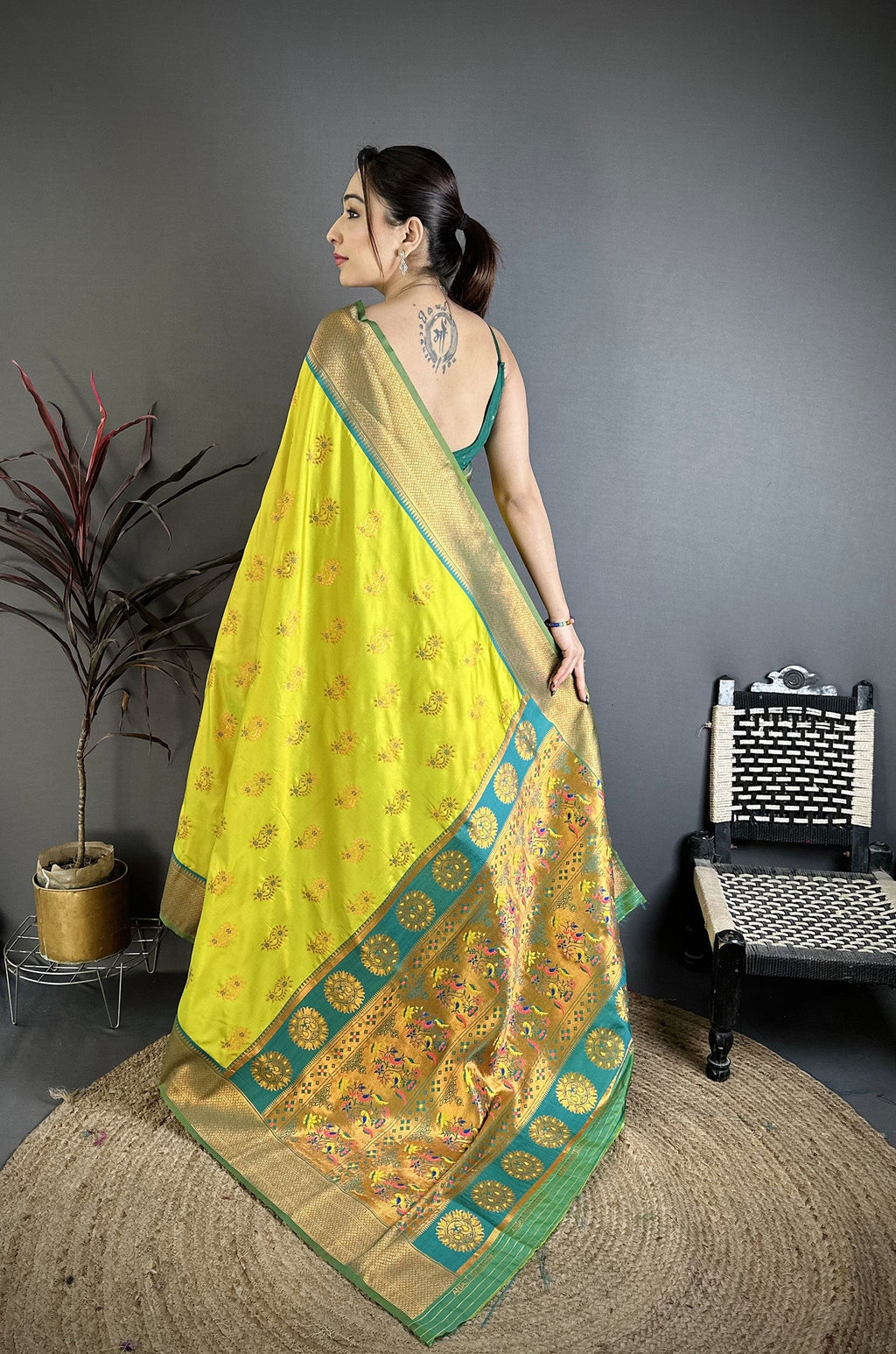 Elora Lime Green Soft Silk Nath Meenakari Zari Work Paithani Saree | Grocsy