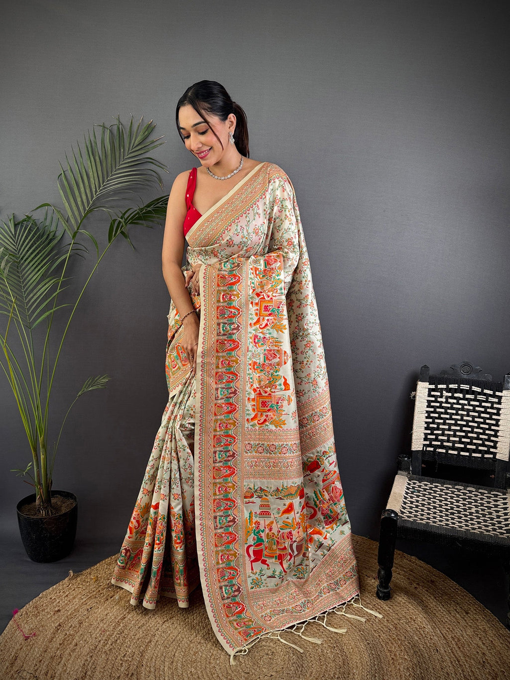 Elora Off-White Pashmina Silk Meenakari Weaving Madhubani Design Kashmiri Saree | Grocsy