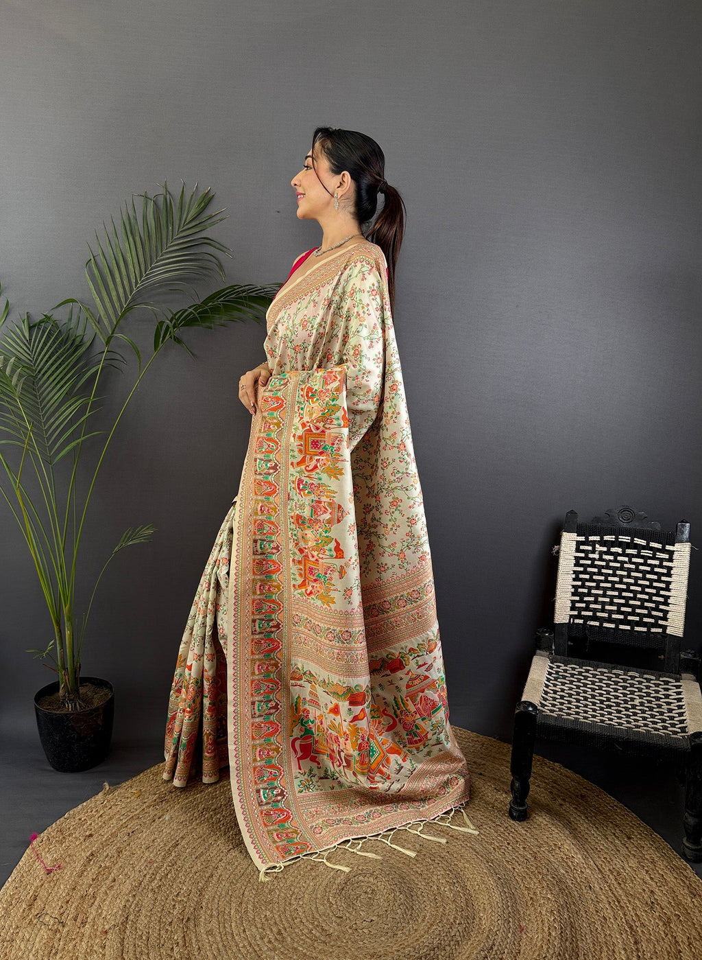 Elora Off-White Pashmina Silk Meenakari Weaving Madhubani Design Kashmiri Saree | Grocsy