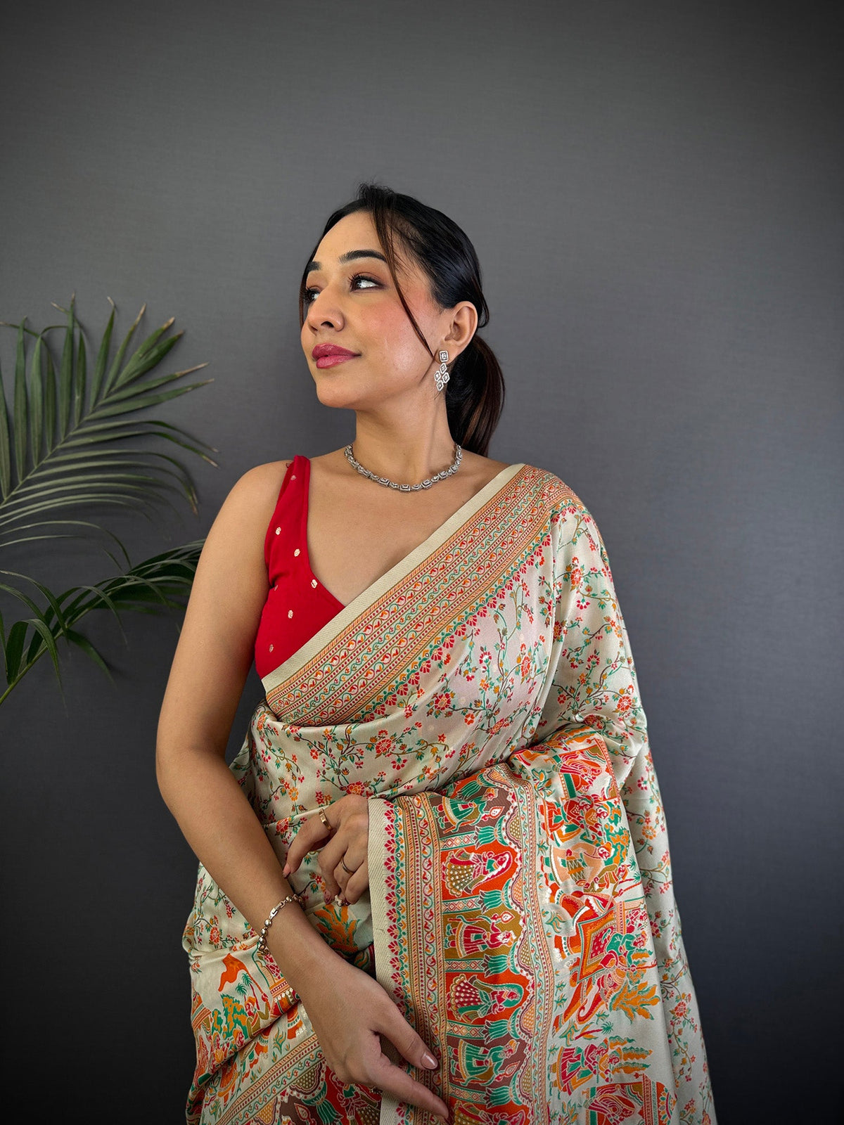 Elora Off-White Pashmina Silk Meenakari Weaving Madhubani Design Kashmiri Saree | Grocsy