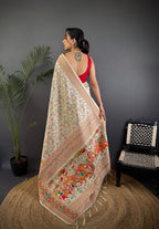 Elora Off-White Pashmina Silk Meenakari Weaving Madhubani Design Kashmiri Saree | Grocsy