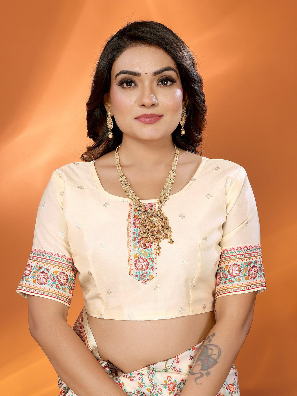 Elora Off-White Pashmina Silk Meenakari Weaving Madhubani Design Kashmiri Saree | Grocsy