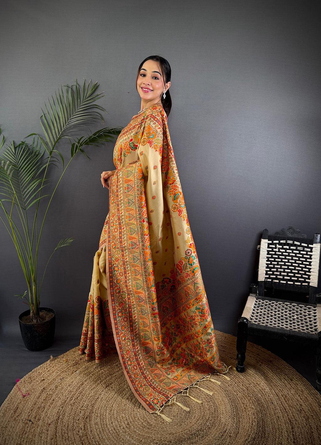 Elora Beige Pashmina Silk Meenakari Weaving Madhubani Design Kashmiri Saree | Grocsy