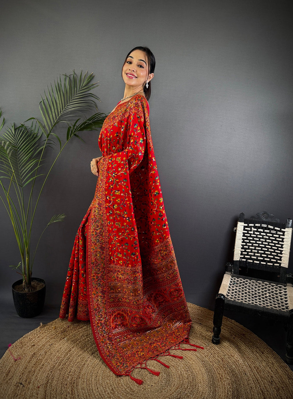Elora Red  Pashmina Silk Meenakari Weaving Madhubani Design Kashmiri Saree | Grocsy