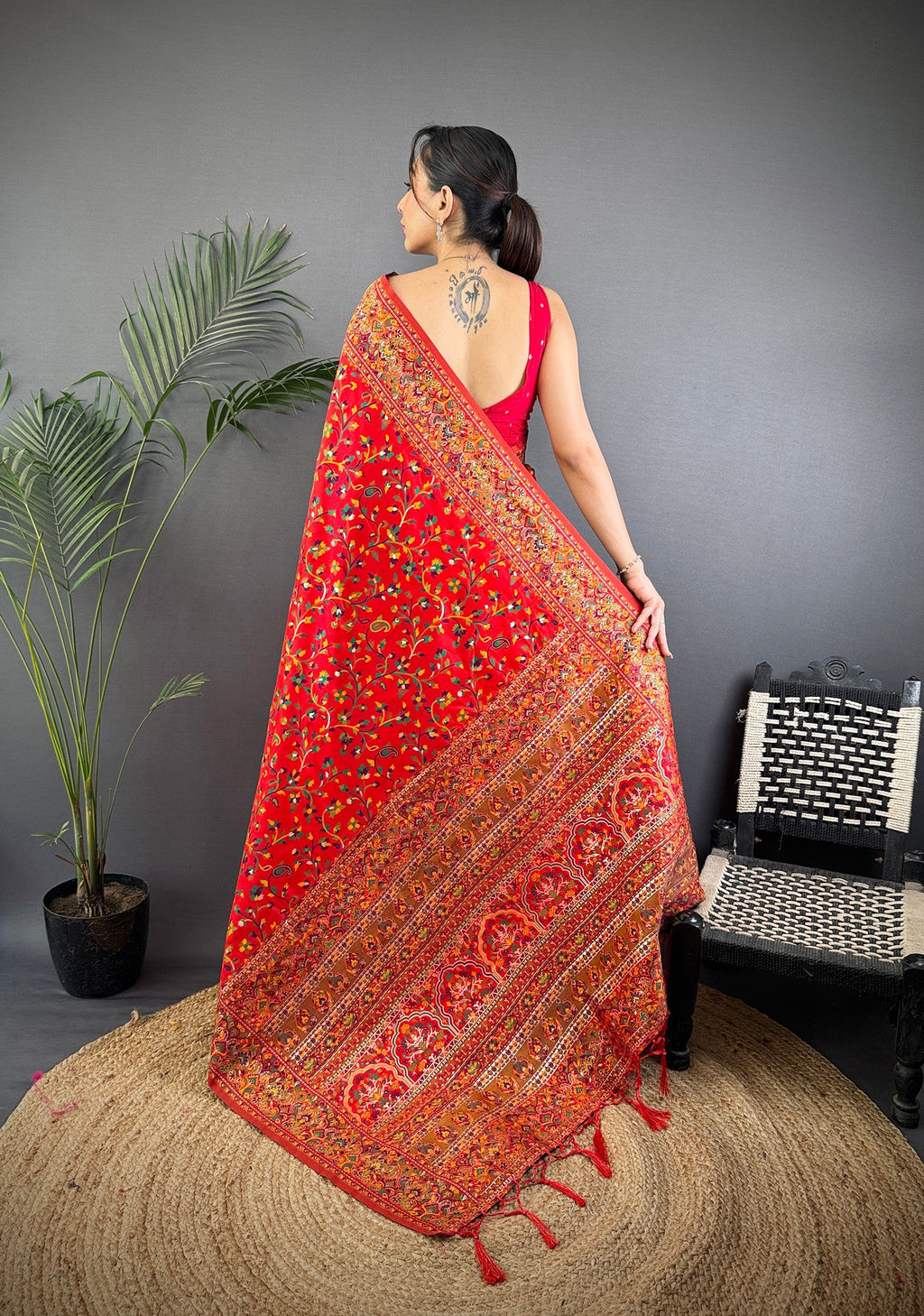 Elora Red  Pashmina Silk Meenakari Weaving Madhubani Design Kashmiri Saree | Grocsy